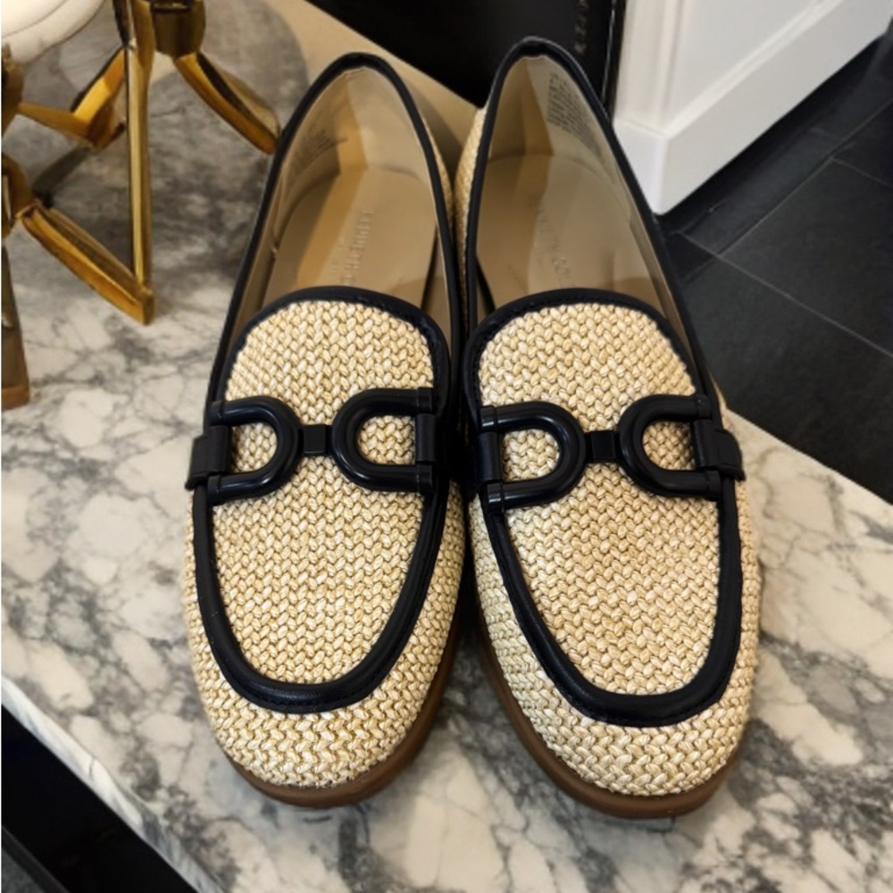 Kenneth Cole Beige Raffia Loafers with Black Trim